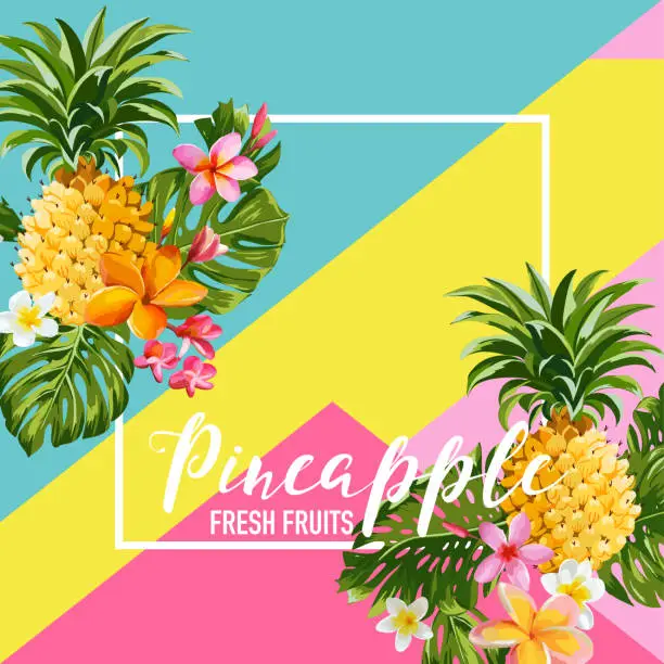 Vector illustration of Tropical Pineapple Fruits and Flowers Summer Banner, Graphic Background, Exotic Floral Invitation, Flyer or Card. Modern Front Page in Vector