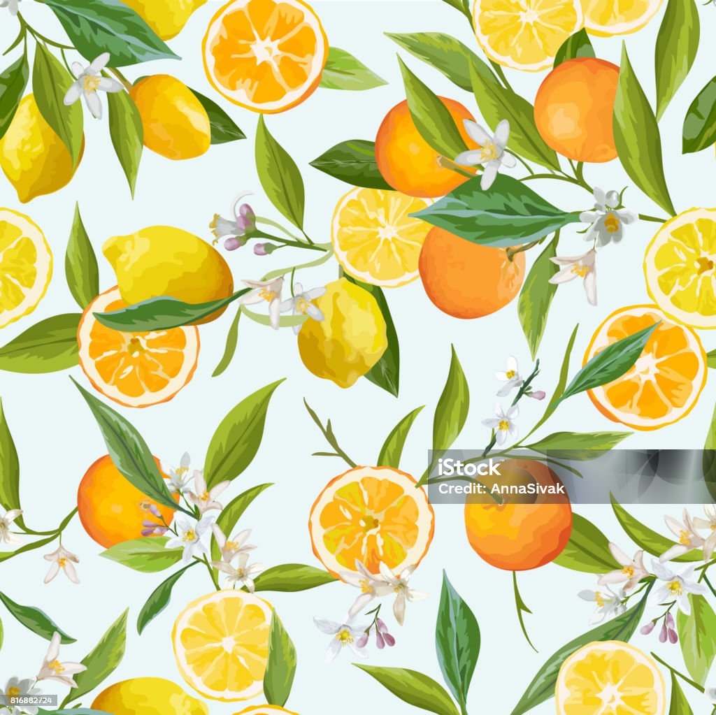 Orange and Lemon Seamless Tropical Pattern in Vector. Illustration of Flowers, Leaves and Fruits. Pattern stock vector