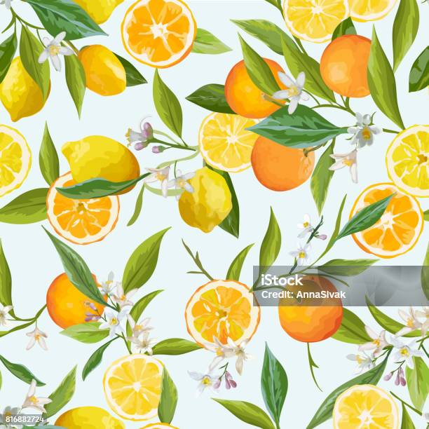 Orange And Lemon Seamless Tropical Pattern In Vector Illustration Of Flowers Leaves And Fruits Stock Illustration - Download Image Now