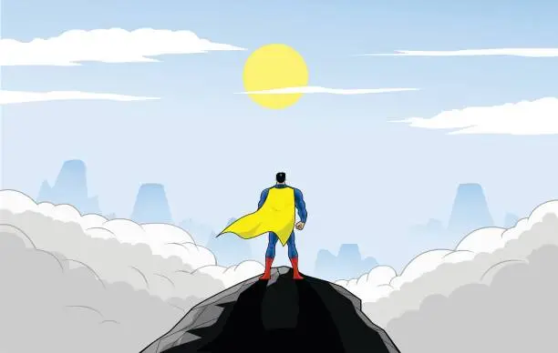 Vector illustration of Vector Superhero from behind view with mountain tops scenery