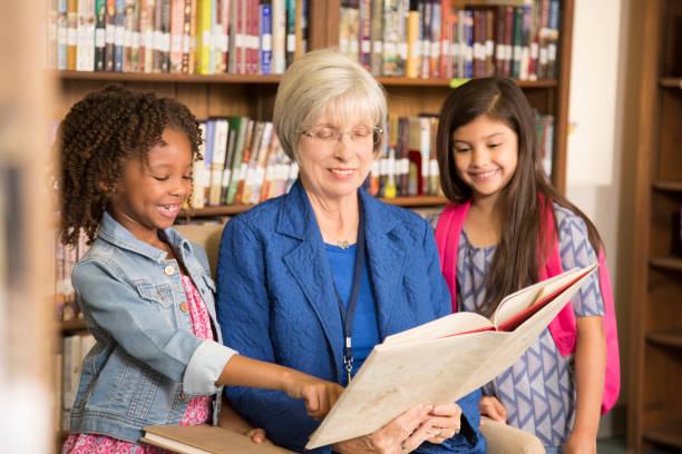 Teacher, librarian reads book to elementary students in library or classroom.