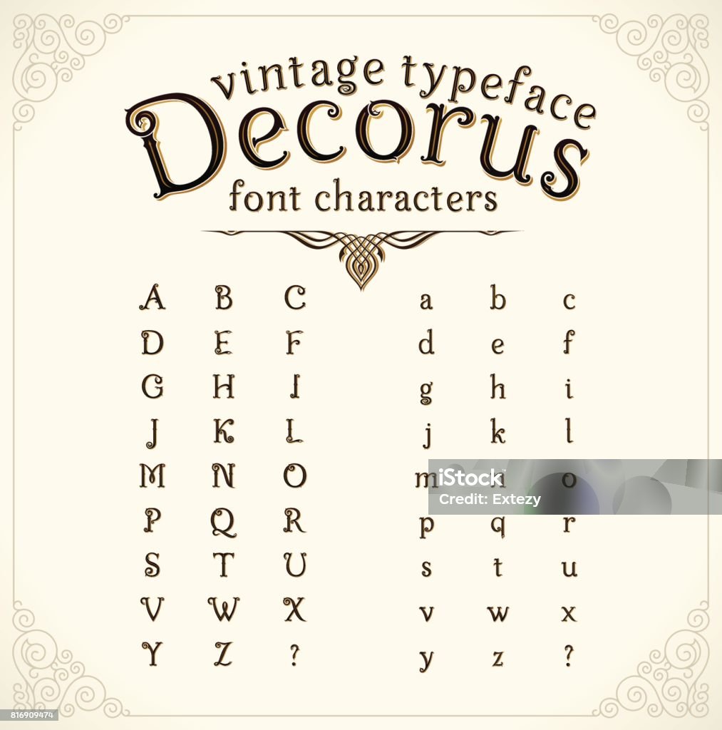 빈티지 장식 글꼴 그림자 이라고 Decorus 아름 다운 라틴어에서 번역 고풍스런에 대한 스톡 벡터 아트 및 기타 이미지 - 고풍스런,  복고풍, 컴퓨터 글자 - Istock