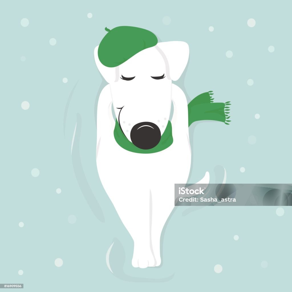 Dog lies on snow with his eyes closed in a cap and scarf. Dog breed Jack Russell Terrier lying in the snow with his eyes closed in cap and scarf makes a snow angel. The view from the top. Snow Angel stock vector