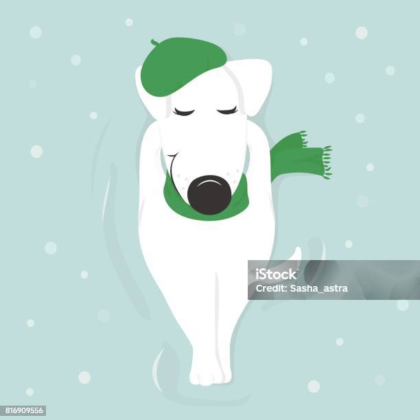 Dog Lies On Snow With His Eyes Closed In A Cap And Scarf Stock Illustration - Download Image Now
