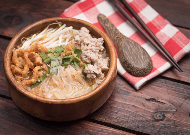 istock Spicy thai pork noodle on tabel wood 816917088