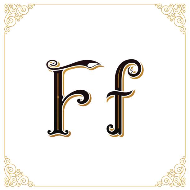 Vector Vintage Font. Letter and monogram in the calligraphic style. Qualitative manual work Vector Vintage Font. Letter F and monogram in the calligraphic style. Qualitative manual work for the emblem. Alphabet in the Baroque style antique illustration of ornate letter f stock illustrations