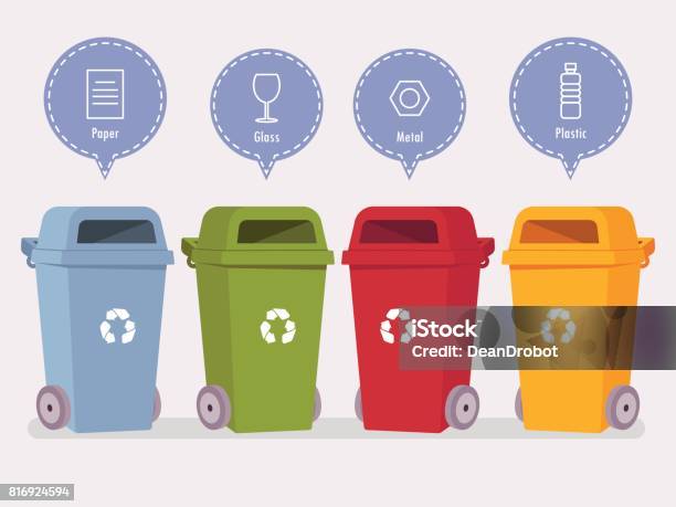 Colorful Recycling Garbage Bins Waste Segregation Concept Vector Illustration Stock Illustration - Download Image Now