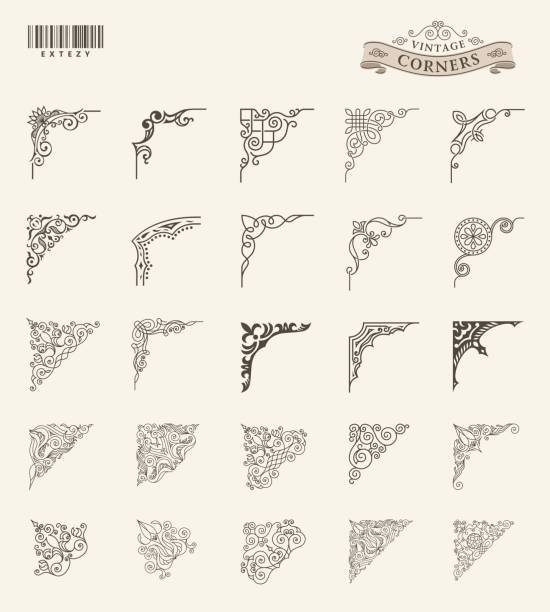 Unique retro corner for frames set. Vintage vector patterns for invitations and royal certificates Unique retro corner for frames. Vintage vector patterns for invitations and royal certificates, menus and decorative covers landscape design stock illustrations