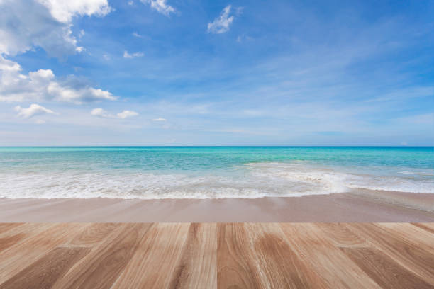 istock wood floor on tropical beach scenery background. 816932046