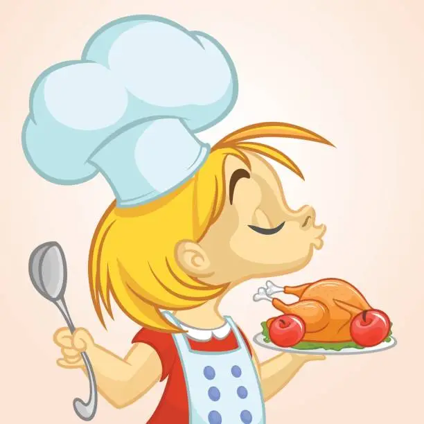 Vector illustration of Cartoon small girl holding Thanksgiving Turkey on a tray. Vector illustration of teenager girl preparing turkey and wearing upron and  chef's toque. Outline