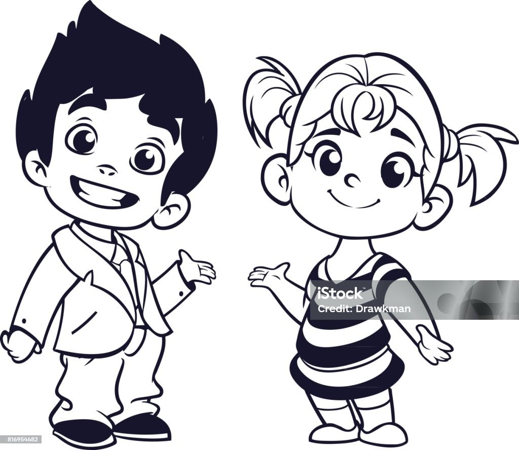 Cartoon small boy and girl outlined. Vector illustration for coloring book Dress stock vector
