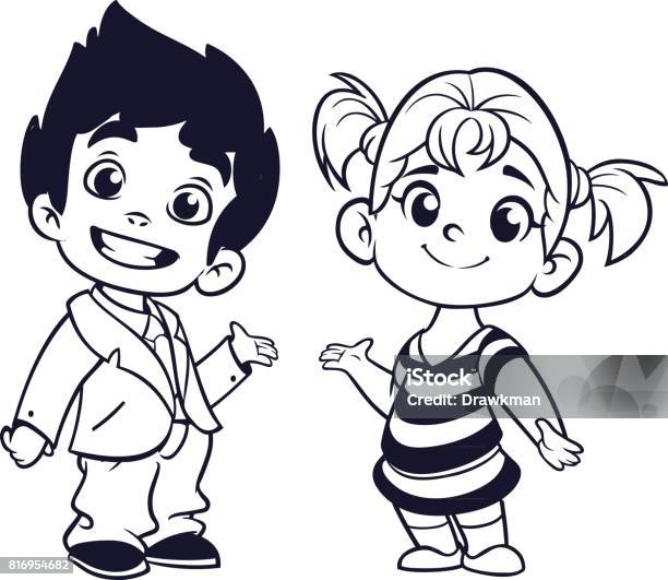 Cartoon Small Boy And Girl Outlined Vector Illustration For Coloring Book Stock Illustration - Download Image Now