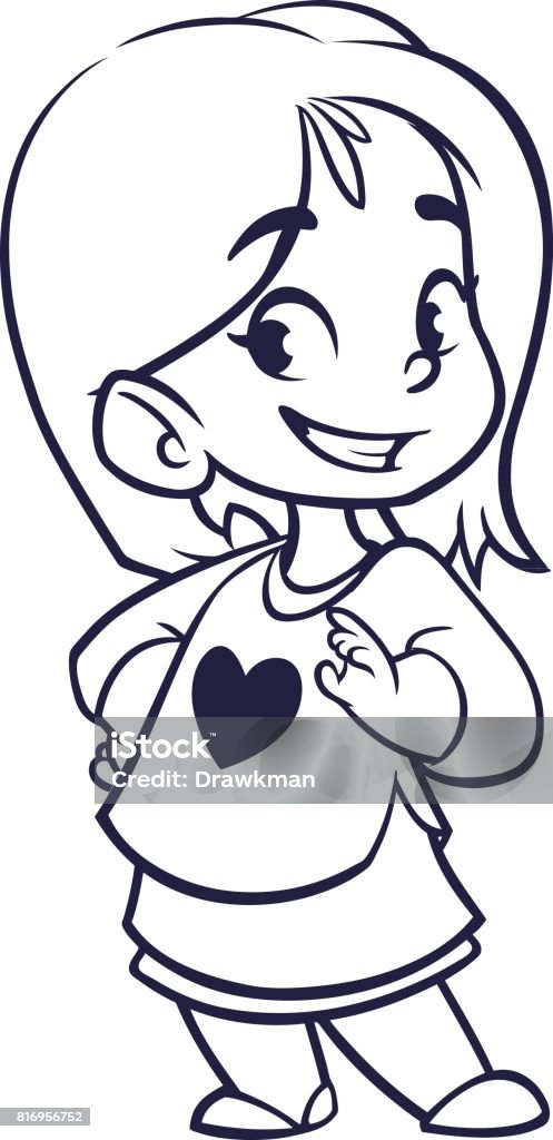 Cartoon small funny girl outlined. Vector illustration Vector color cartoon image of a cute little girl outlines. Little girl with blonde hair. Little girl in red and yellow stripes dress standing  and smiling on a white background. Color image outlined. Vector cartoon little girl. Girls stock vector