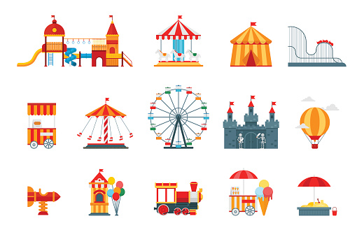 Amusement park vector flat elements, fun icons, isolated on white background with ferris wheel, castle, attractions, circus, air balloon, swings, carousel. Architecture entertainment elements vector.