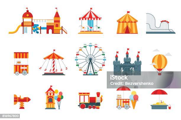 Amusement Park Vector Flat Elements Fun Icons Isolated On White Background With Ferris Wheel Castle Attractions Circus Air Balloon Swings Carousel Architecture Entertainment Elements Vector Stock Illustration - Download Image Now
