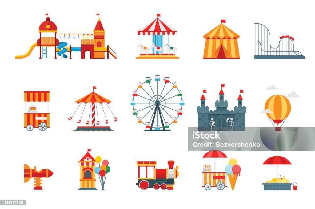 遊樂園向量平面元素，好玩的圖示，孤立與摩天輪、 城堡、 景點、 馬戲團、 氣球、 秋千、 旋轉木馬的白色背景上。建築娛樂元素向量 - 免版稅摩天輪 - 遊樂場機動遊戲圖庫向量圖形