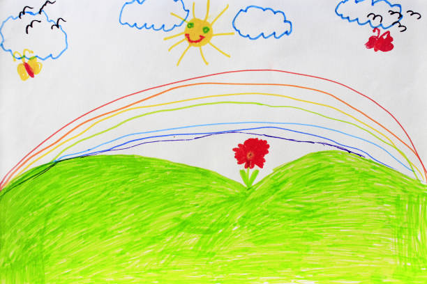 istock Childish drawing of flowers and rainbow 816967986