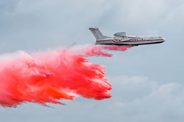 消防飛行機フォレスト内に火を赤い水が値下がりしました - fire retardant ストックフォトと画像