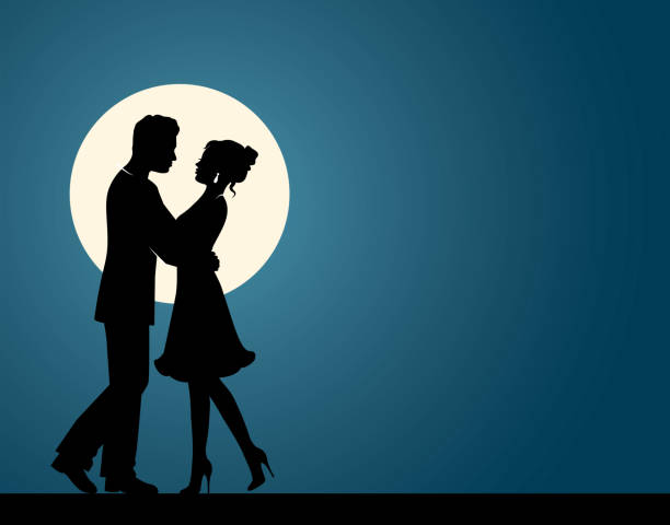 Silhouettes of a couple in love Silhouettes of loving men and women hugging each other and dancing against the background of the moon kissing illustrations stock illustrations