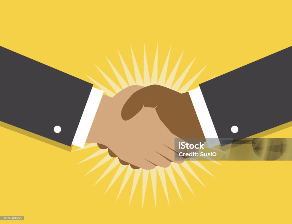Handshake and cooperation Two hands make a handshake on a yellow background and fancy the beginning of cooperation and partnerships Handshake stock vector