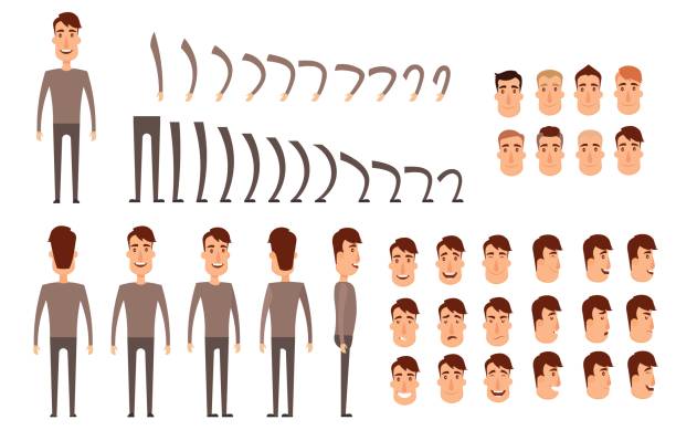 Man character creation set. Icons with different types of faces, emotions, clothes. Front, side, back view of male person. Moving arms, legs. Chair. Board. Flat and cartoon style. Vector illustration. Man character creation set. Icons with different types of faces, emotions, clothes. Front, side, back view of male person. Moving arms, legs. Chair. Board. Flat and cartoon style. Vector illustration. file clerk stock illustrations