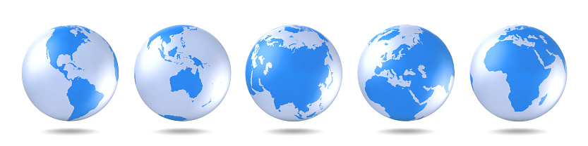Conjunto de globos azules. Cinco continentes en diferentes maneras. América, Asia, Australia, Europa, África. photo