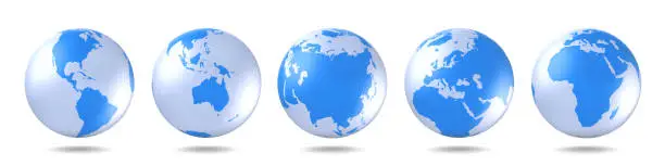 Set of blue globes. Five continents in different ways. America, Asia, Australia, Europe, Africa. 3D rendering.