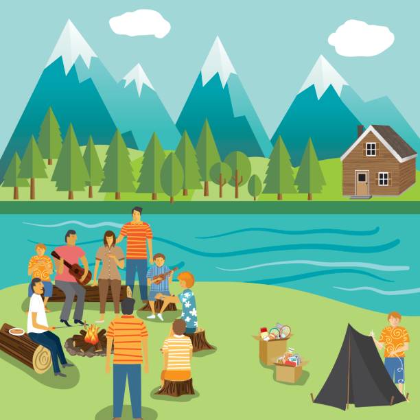 illustrazioni stock, clip art, cartoni animati e icone di tendenza di sfondi per le vacanze in campeggio con molti elementi - camp hill