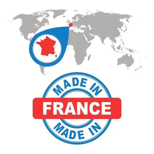 Vector illustration of Made in France stamp. World map with red country. Vector emblem in flat style on white background.