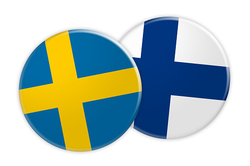 News Concept: Sweden Flag Button On Finland Flag Button, 3d illustration on white background