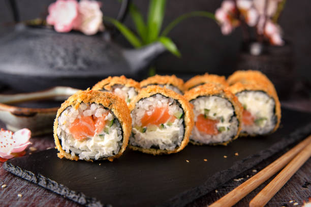 istock Hot fried Sushi Roll with salmon, avocado and cheese. Sushi menu. 817071654