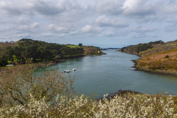 Boats anchored in the river Aber Wrac'h in Brittany, France