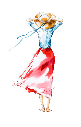 Watercolor fashion illustration, girl looking in the distance, rear view