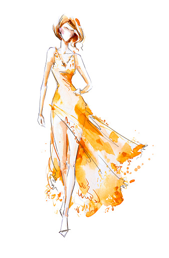 Ilustración de moda acuarela, modelo en un vestido largo photo