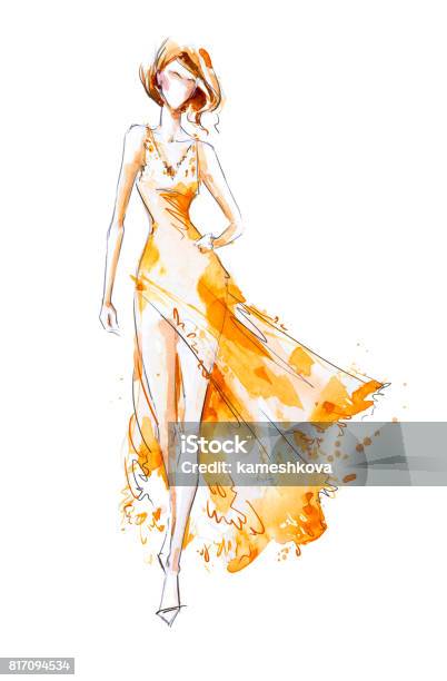Watercolor Fashion Illustration Model In A Long Dress Stock Photo - Download Image Now
