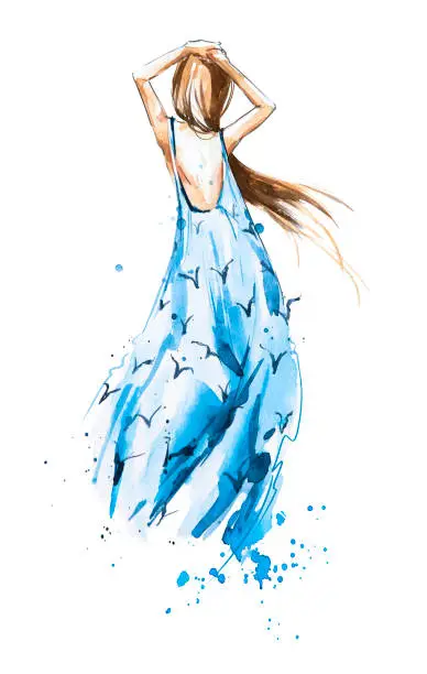 Watercolor fashion illustration, girl in a summer dress looking in the distance, rear view