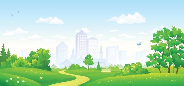 City park panorama Vector illustration of a summer city park panorama, panoramic banner cityscape clipart stock illustrations