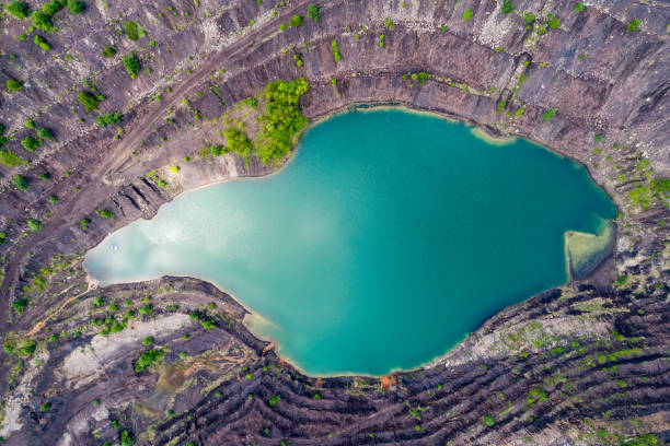 aerial view of deep mine lake