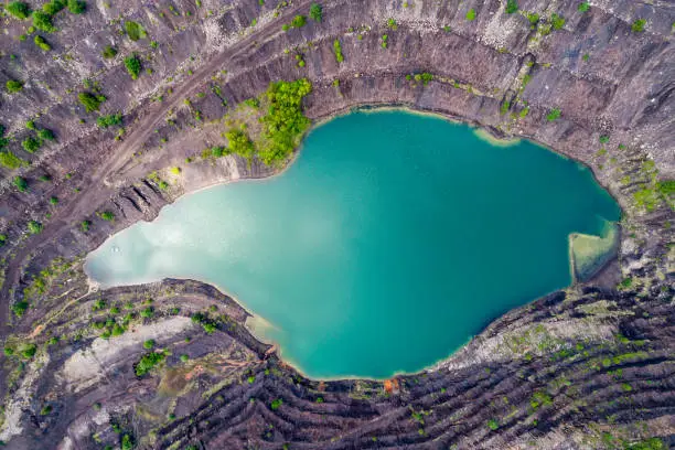 Aerial view, deep mine lake in place of a mining pit