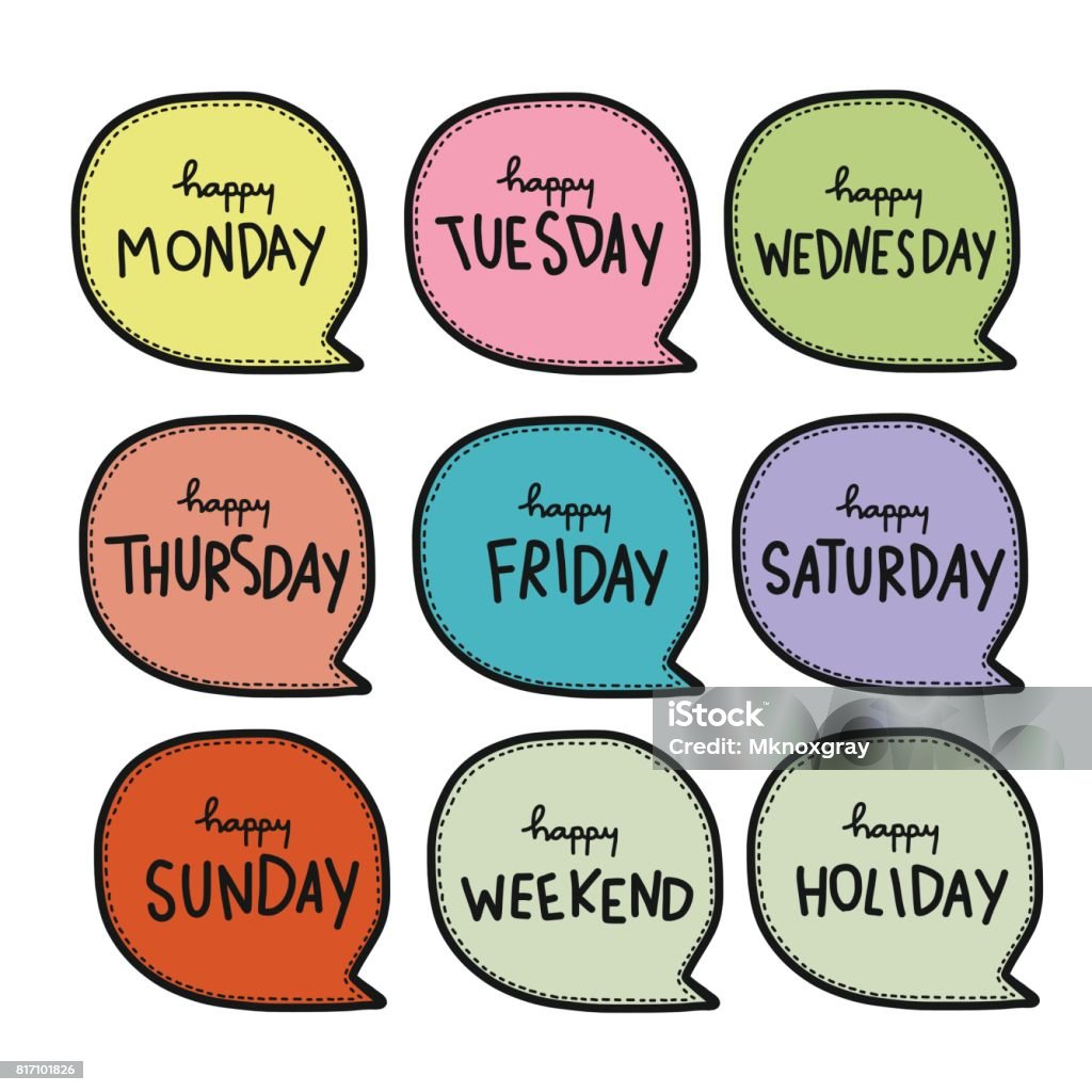 Colorful Hello Day In Word Bubble Set Cute Cartoon Stock Illustration -  Download Image Now - Monday, Weekend Activities, Friday - iStock