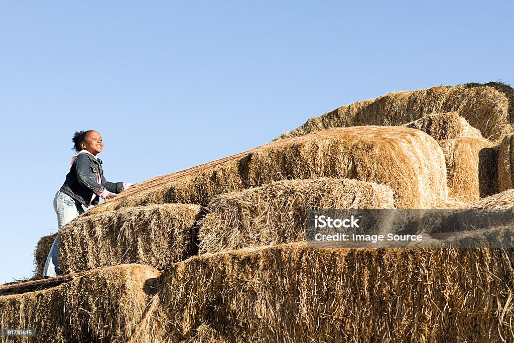 Garota de escalada em fardos de feno - Foto de stock de Afro-americano royalty-free