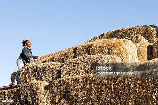 Foto de Garota De Escalada Em Fardos De Feno e mais fotos de stock de Afro-americano - Afro-americano, Agricultura, Cena Rural