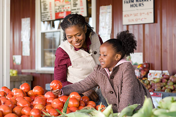 a grandmother and granddaughter choosing tomatoes - здоровье ферма стоковые фото и изображения