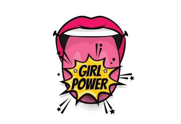 Vector illustration of Comic text pop art tongue mouth girl power