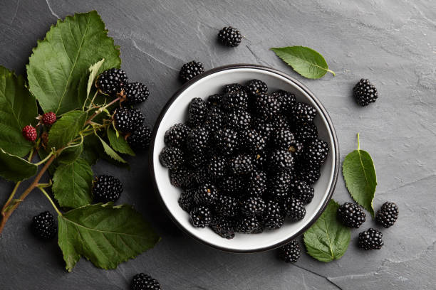 istock Bowl of fresh blackberries on stone background 817121654