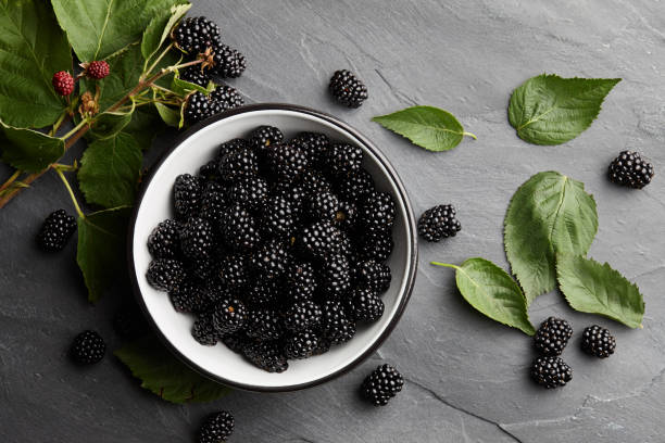 istock Bowl of fresh blackberries on stone background 817121674