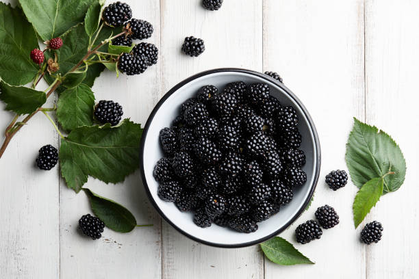 schüssel mit frischen brombeeren auf stein hintergrund - brombeere brombeere und himbeere stock-fotos und bilder