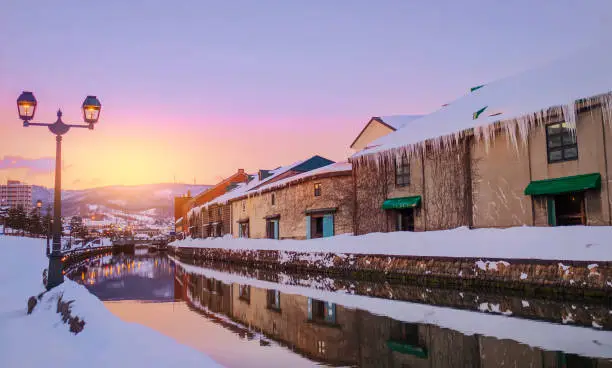 Photo of View of Otaru Canel in Winter season with sunset, Hokkaido - Japan.