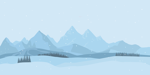 Winter landscape background with snow. Flat design, Christmas forest woods with mountains, New Year greeting card. Vector