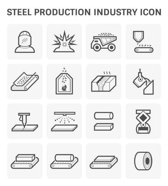 steel production icon Steel and metal production industry or metallurgy vector icon set design. steel mill stock illustrations